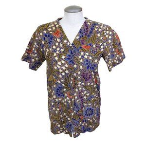 Batik Keris Womens Medium Cotton Short Sleeve Batik Floral Shirt Button Up Boho